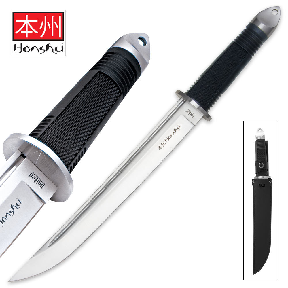 17″ Honshu Tanto Knife and Leather Sheath – Stainless Steel Blade, TPR Handle