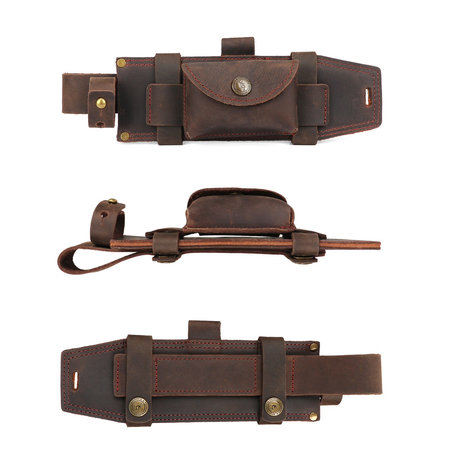 TOURBON Survival Leather Tracker Knife Sheath Horizontal Belt Holster with Pouch