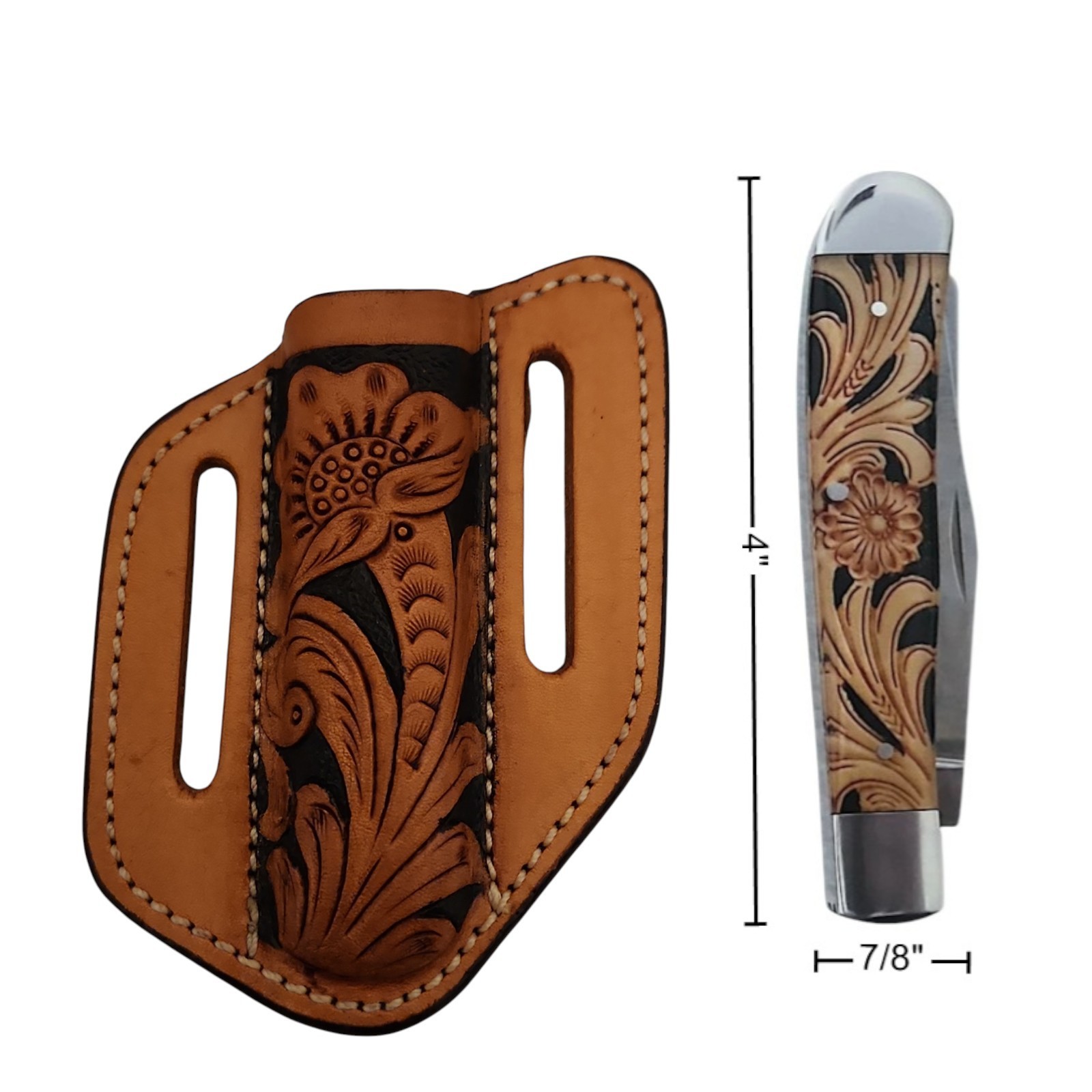 Western 4″ Tan Leather Trapper Folding Knife Sheath Vertical Carry Tooled