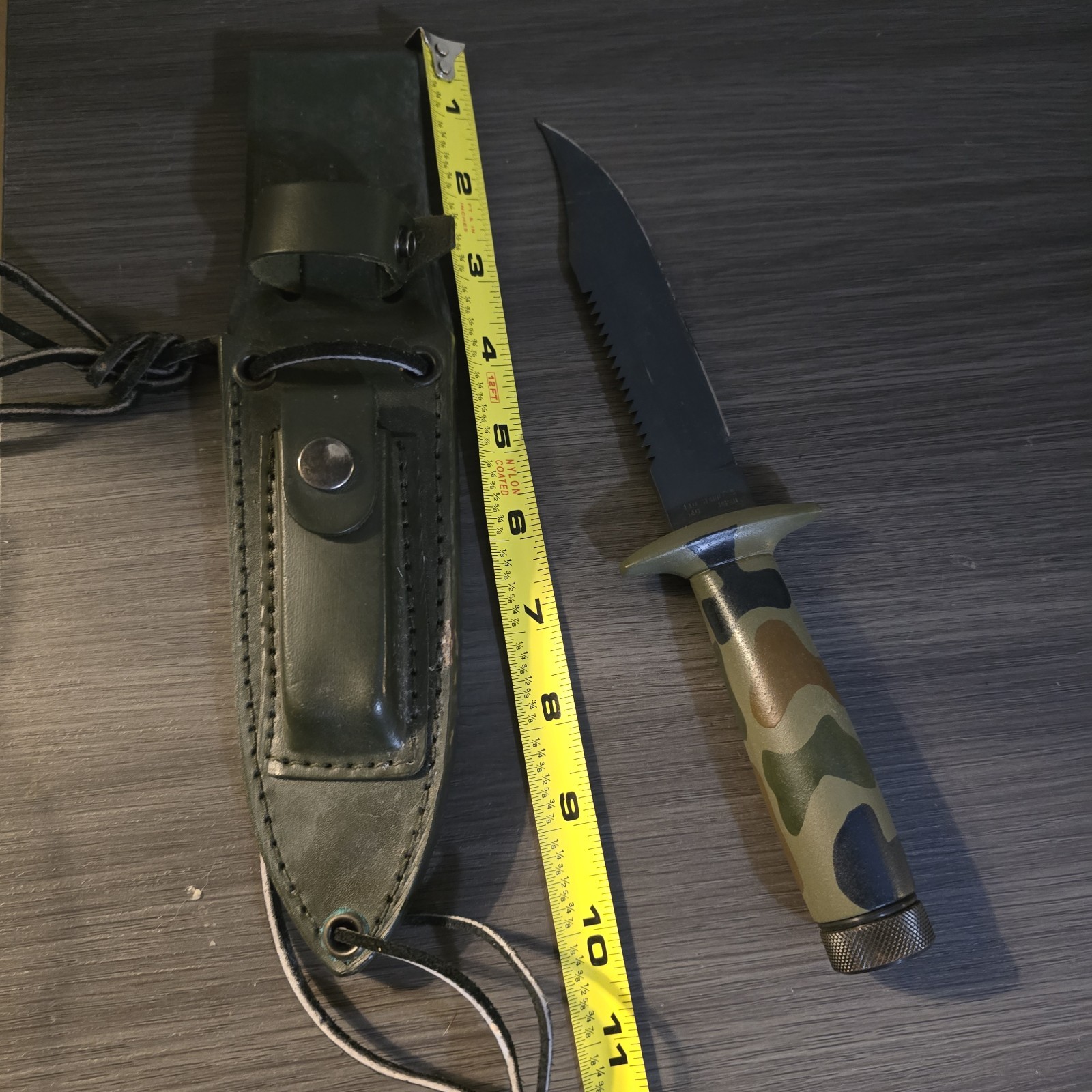 Valor 440 Stainless Fixed Blade Knife Clip Point Combo Edge Black Camo w/ Sheath