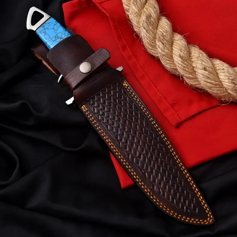 HANDMADE D2 STEEL SUB-HILT KNIFE | BLUE TURQUOISE HANDLE |GENUINE LEATHER SHEATH