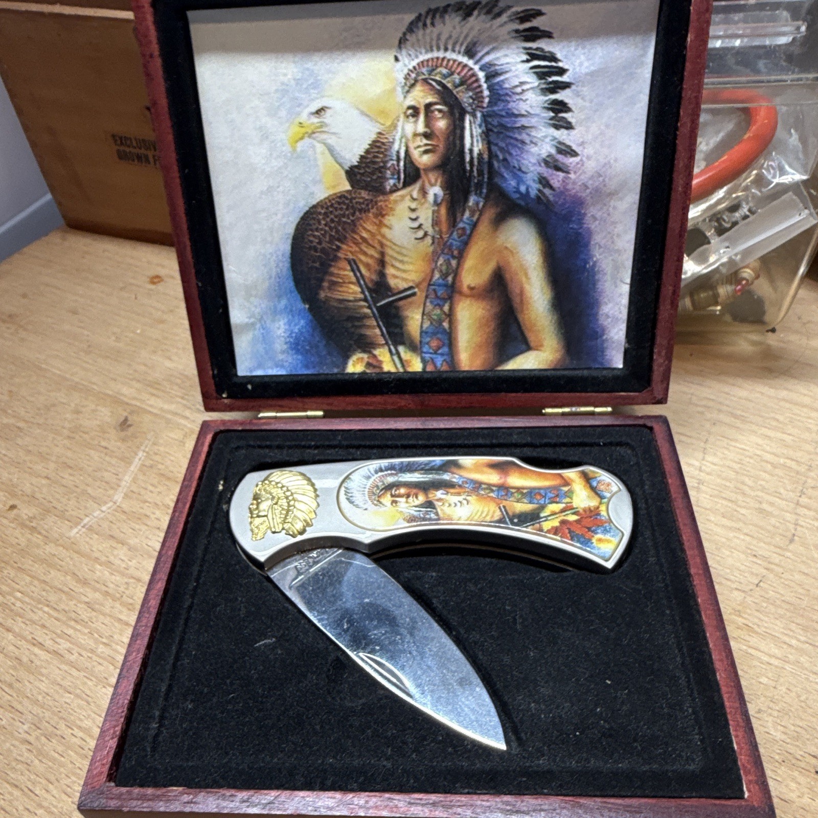 Native American Chief Lockback Pocketknife, Stainless Drop Point Under 2.75in