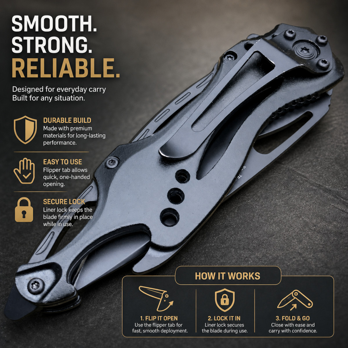 Spring Assisted Folding Knife Tac-Force Black EDC Pocket Clip Liner Lock