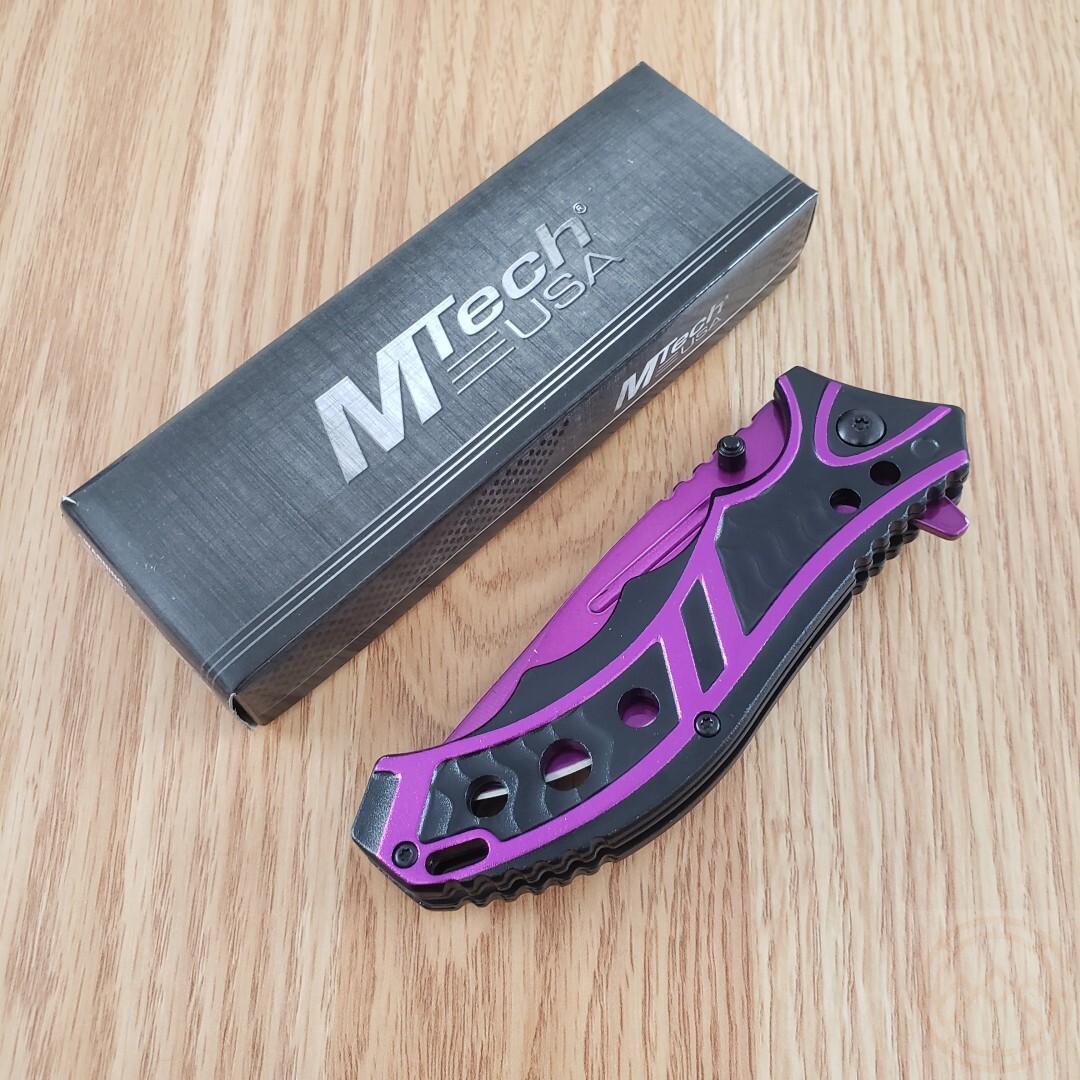 MTech Assisted Folding Knife 3.63″ Purple Stainless Steel Blade Aluminum Handle