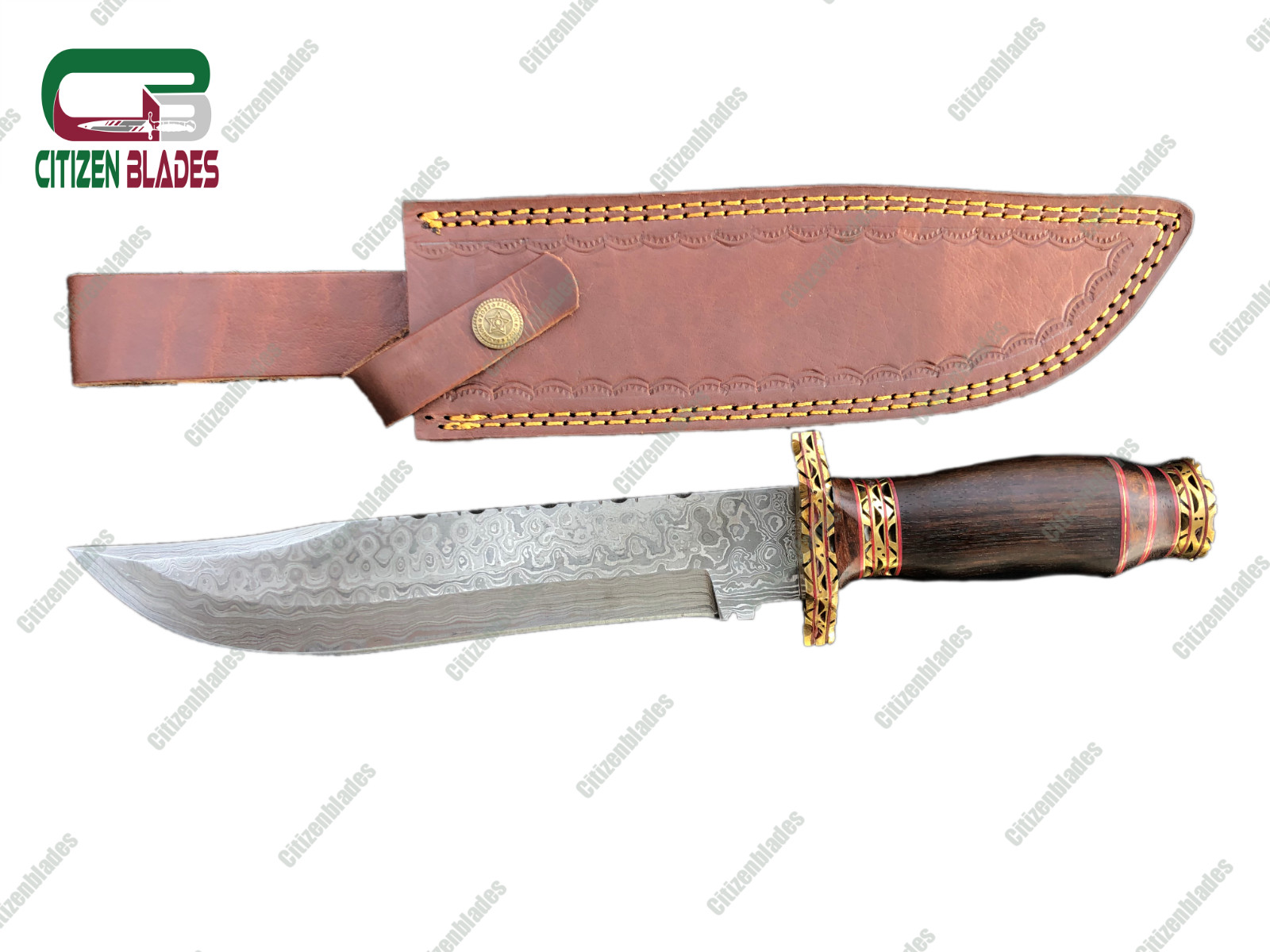 Custom Handmade Damascus steel hunting knife. wooden handle and brass spacer. US