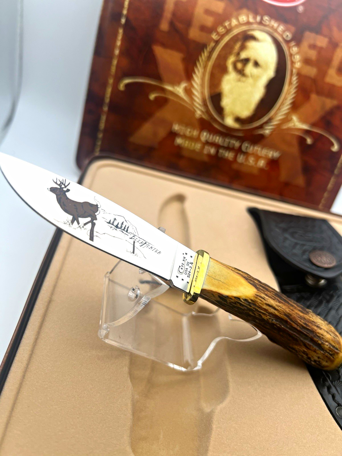 Case XX Deer Hunter 524-3 1/4 Blade Knife, Stainless Clip, Stag, Sheath 2014 🦌