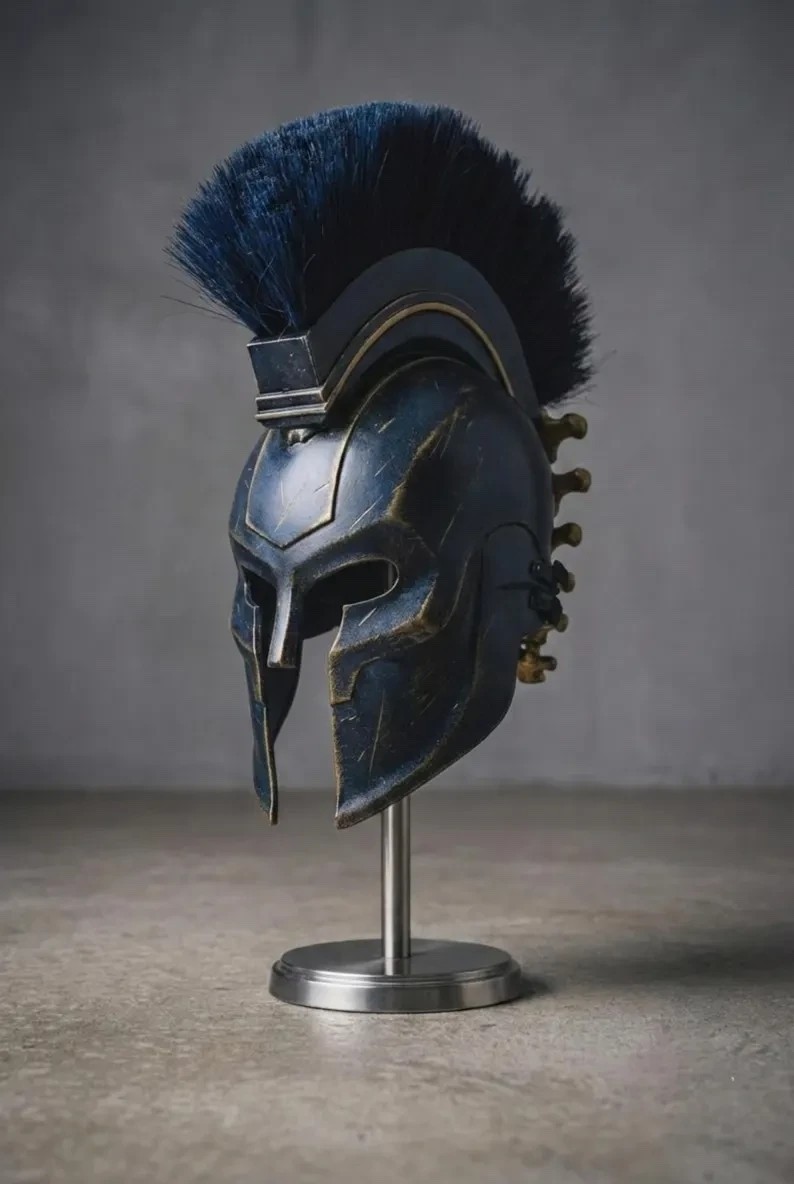 Blue Spartan Helmet with Crest – Greek Warrior Replica Armor