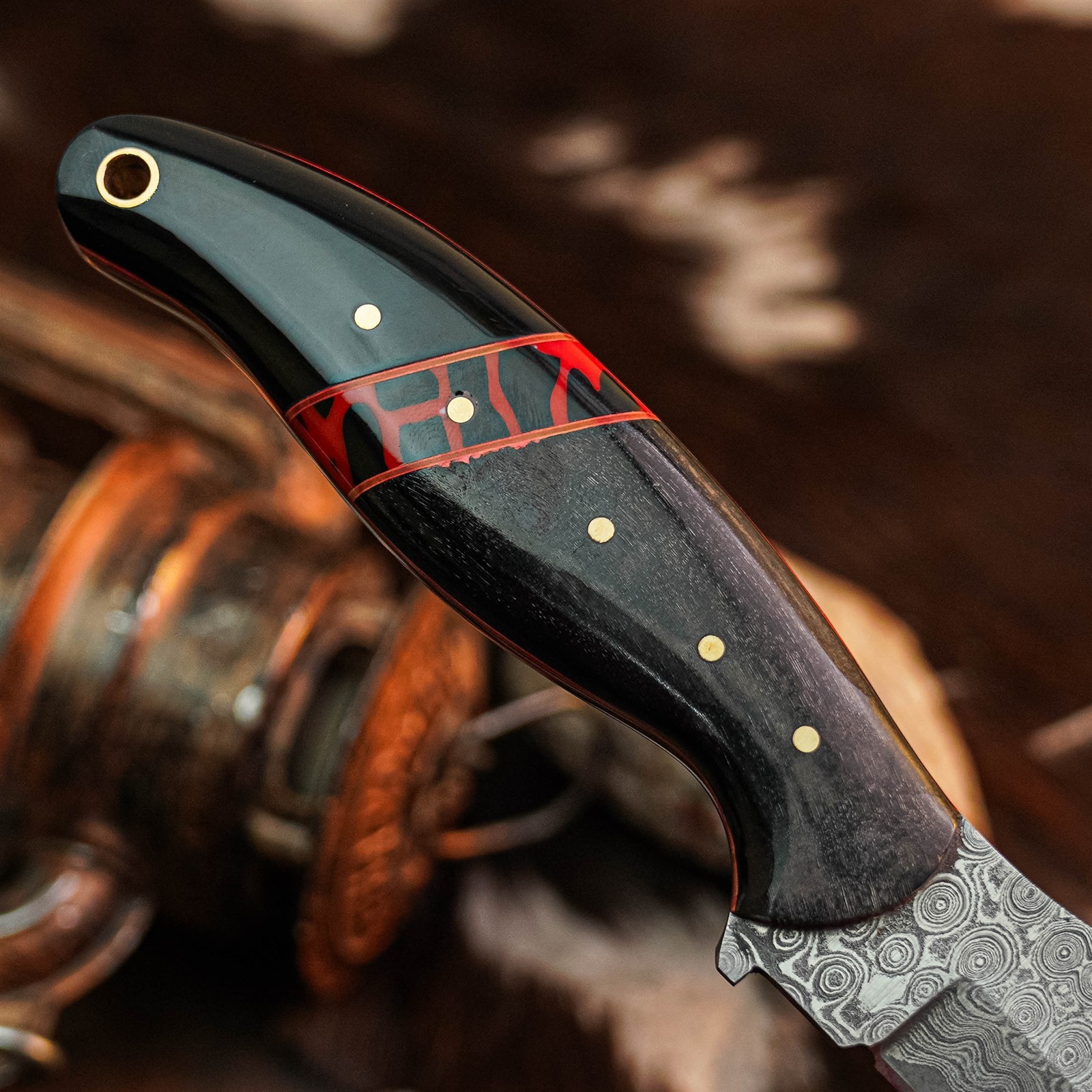 8.9″ Camping Bushcraft Damascus Knife Handmade Full Tang Horn Handle +Sheath