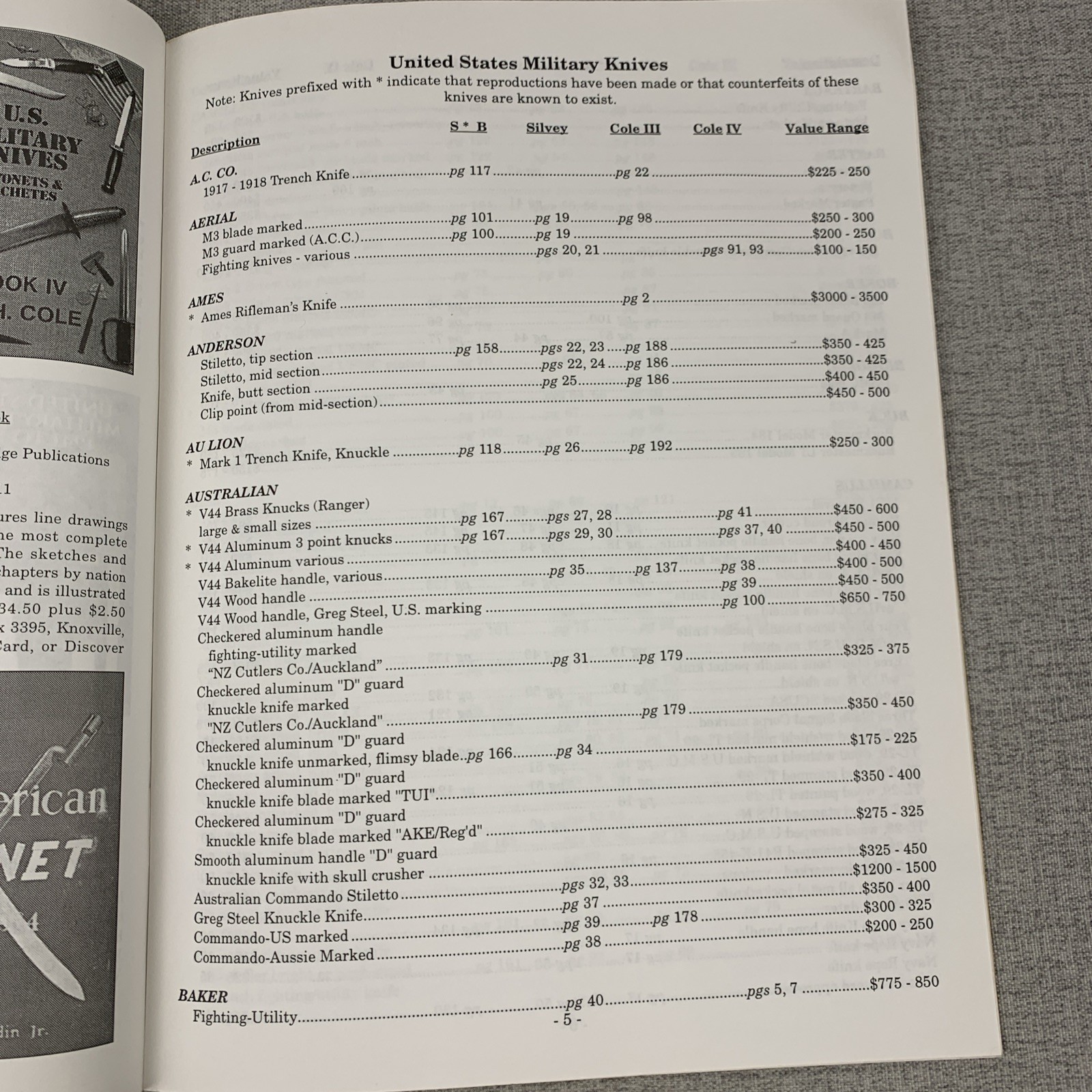 United States Military Knives and Bayonets Price Guide, 3rd Ed M W Silvey Rare