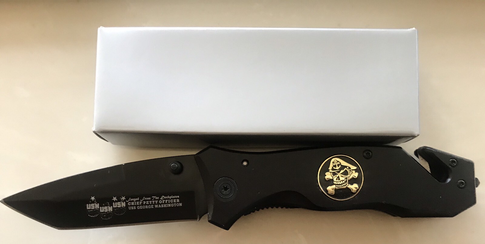 United States Military USN Black Blade Knife w/Belt Clip