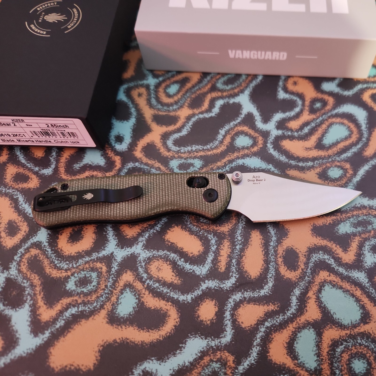 Kizer Cutlery Drop Bear 2 Green Micarta Folding Nitro-V Pocket Knife V36192KC1