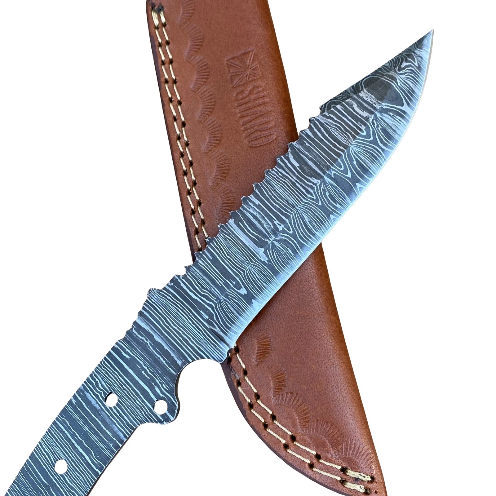 10″ Damascus Fixed Blade Blank Full Tang Bushcraft Tool with Leather Sheath