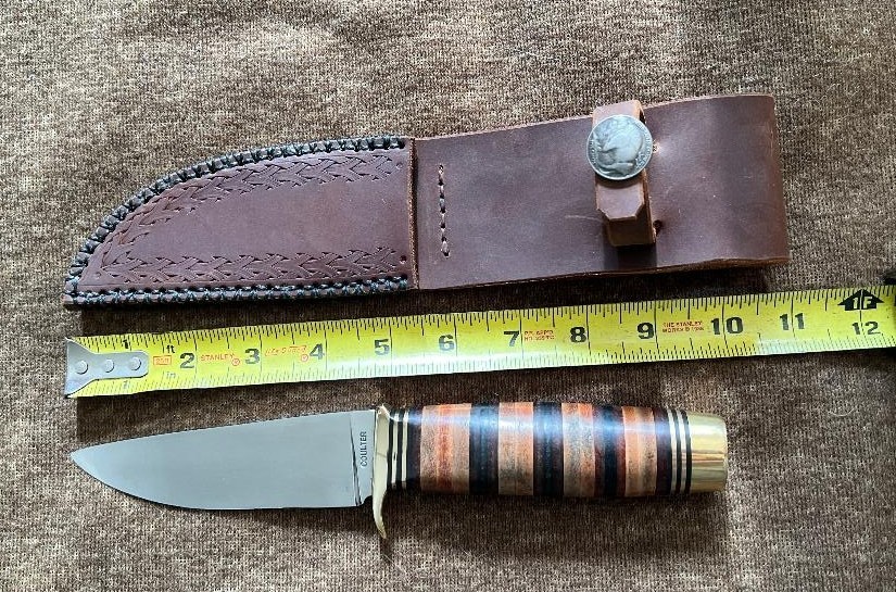 Handmade Straight Edge Hunting Knife: 440c Stainless Steel, Stacked Leather Grip