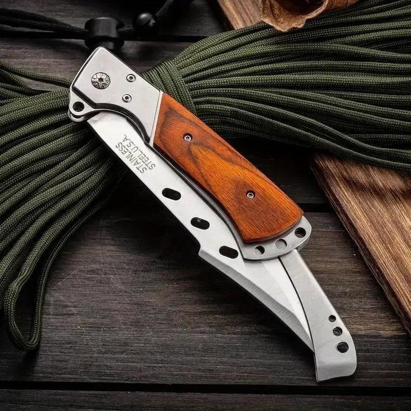 Large Folding Knife Wood Handle High Hardness Portable Outdoor Camping Utility