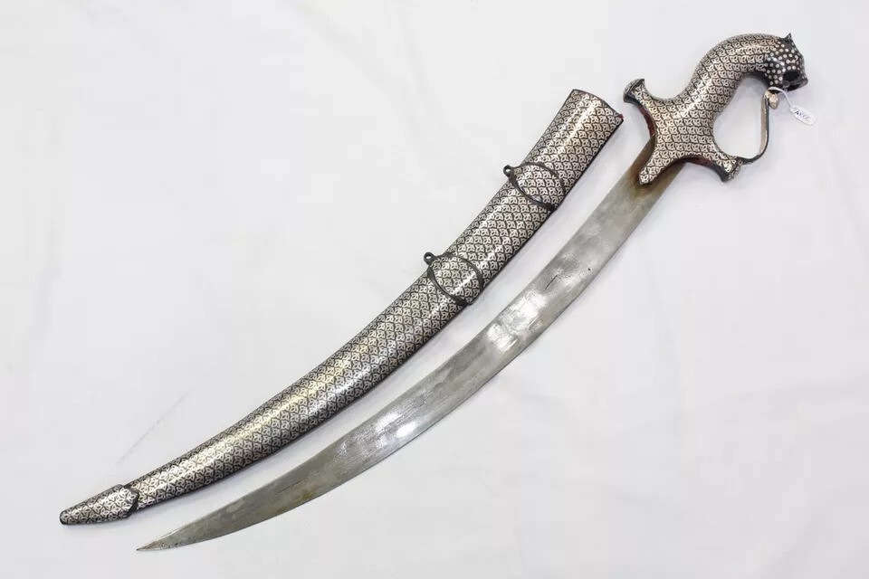 Dagger Knife Silver wire work steel blade tiger face handle W 183