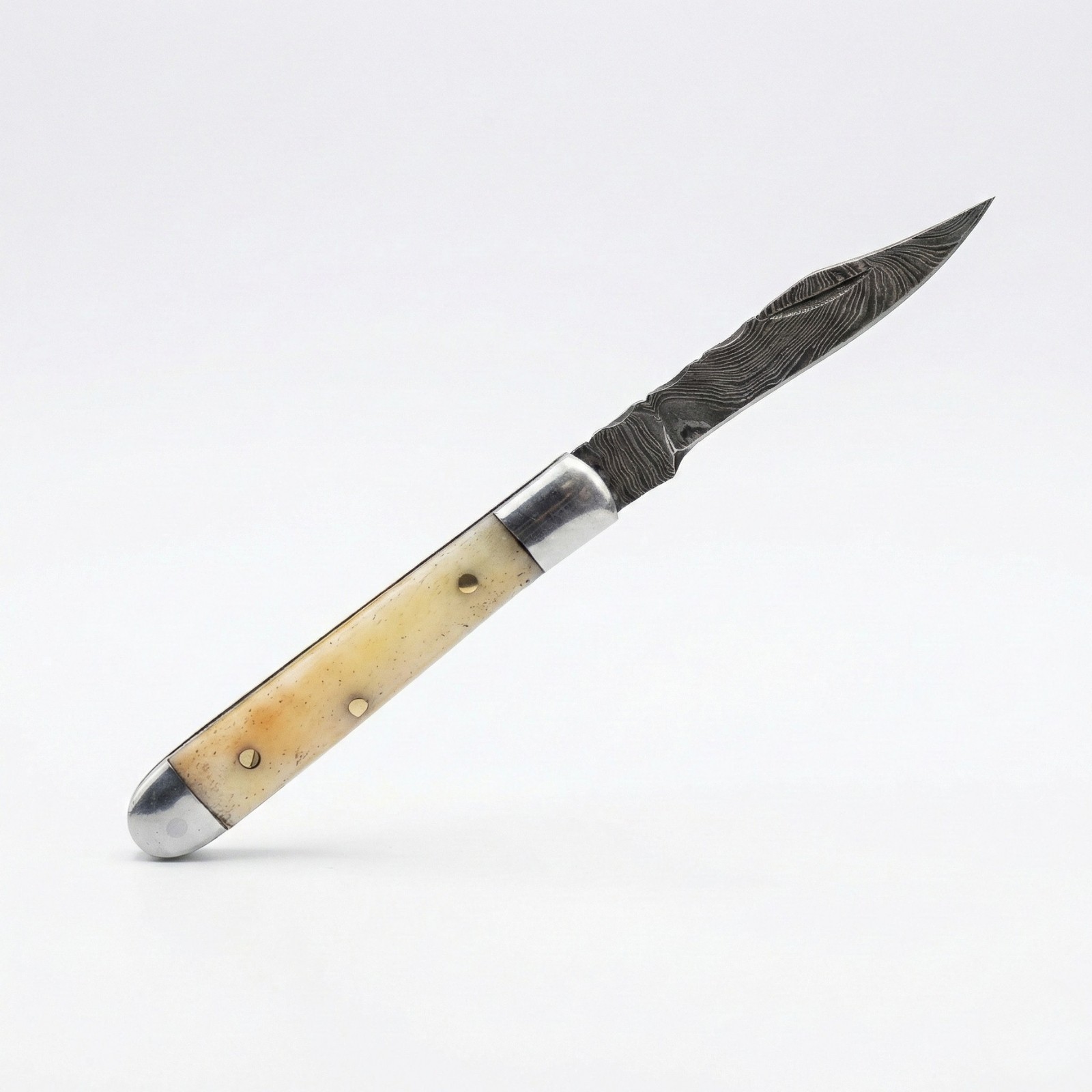 Hand Forged Damascus Steel Mini Trapper Knife Bone Handle EDC Tactical Survival
