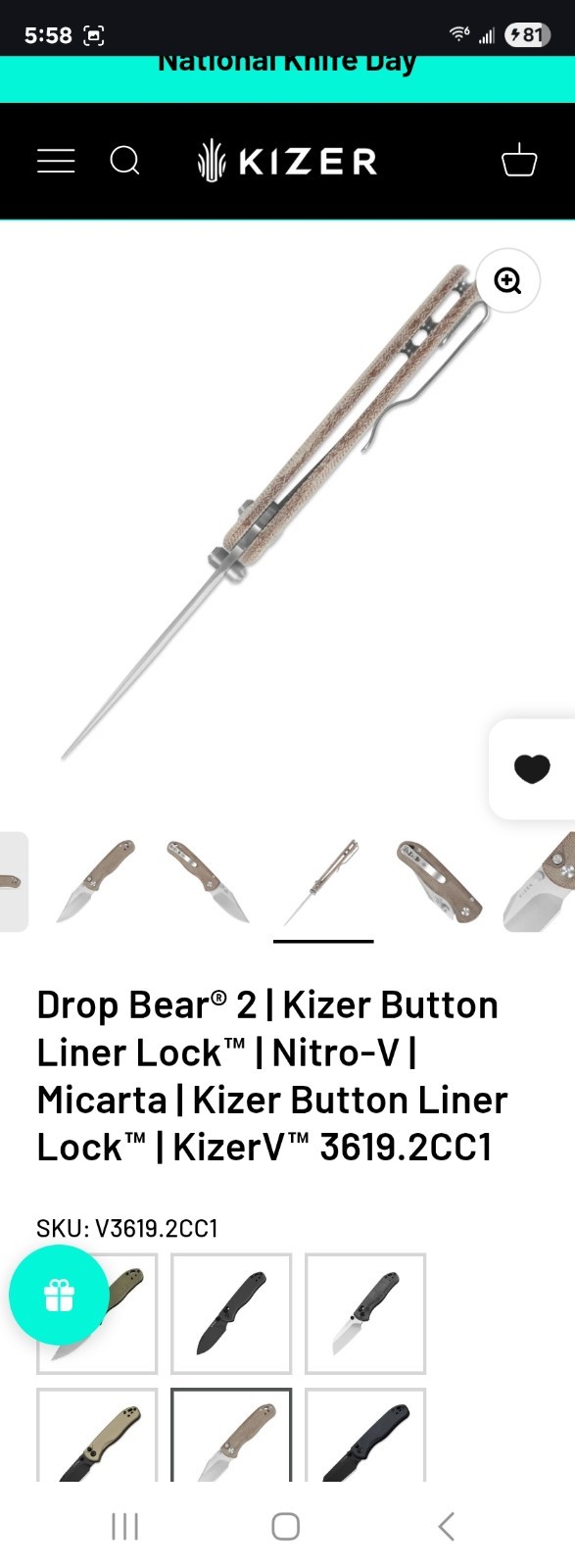 Kizer Drop Bear 2 Pocketknife Nitro-V Clip Point Plain Liner Lock Brown Micarta