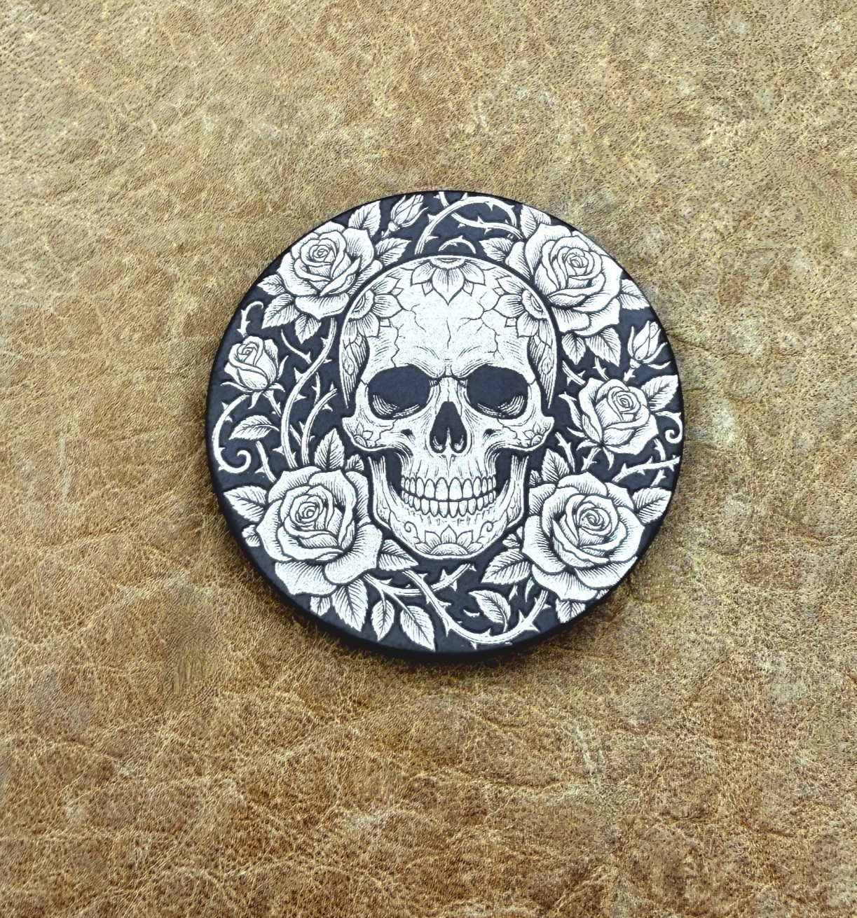 1.5 inch custom Titanium coin in Skull and Roses pattern ~ .15 inches thick