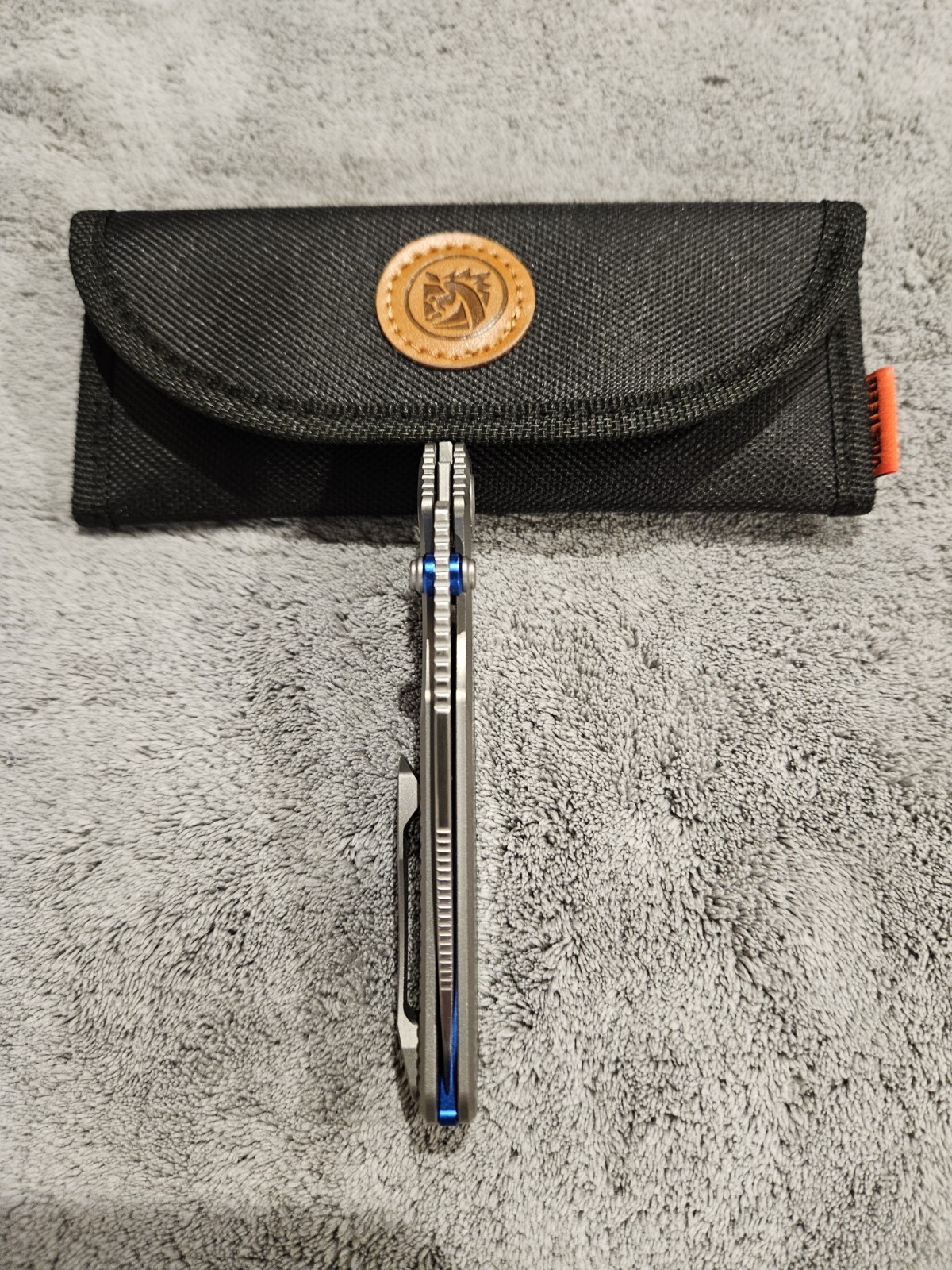 Custom Vosteed Porcupine Tislim 154CM Satin Blade Gray Ti Scales Blue Accents