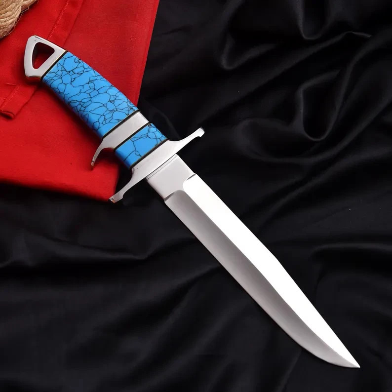 HANDMADE D2 STEEL SUB-HILT KNIFE | BLUE TURQUOISE HANDLE |GENUINE LEATHER SHEATH