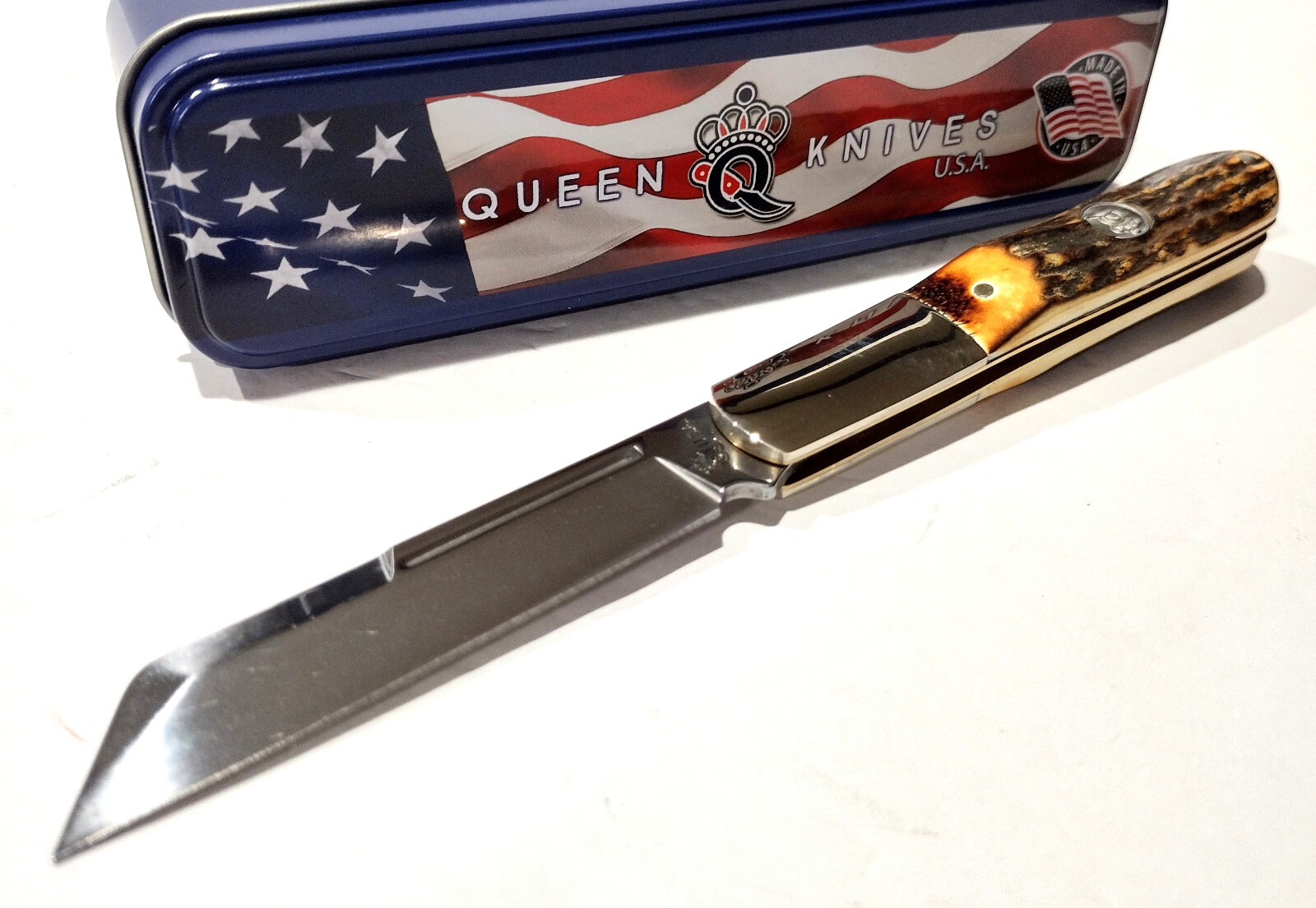 Queen USA 4″ Brown Burnt Stag Bone Barlow Slipjoint Folding Pocket Knife QGSH180
