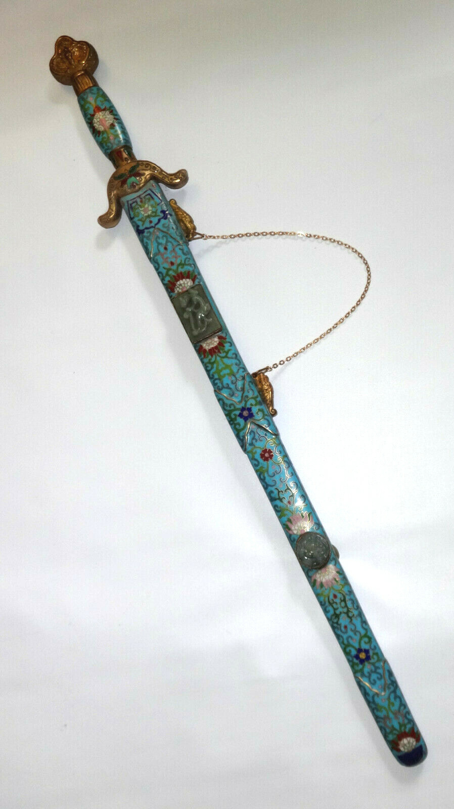 Antique Chinese Sword Jian Jade Tai Chi Cloisonne Enamel Sheath Scabbard