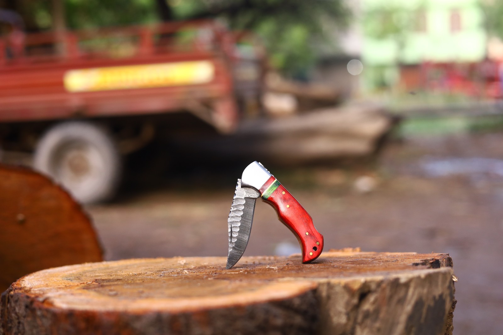 Custom Handmade Damascus Steel Folding EDC pocket Knife with Leather Sheath