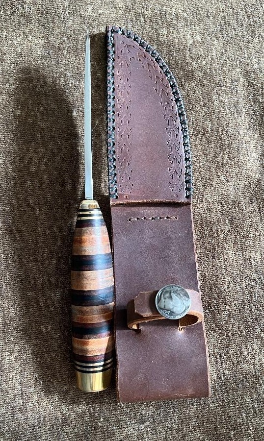 Handmade Straight Edge Hunting Knife: 440c Stainless Steel, Stacked Leather Grip
