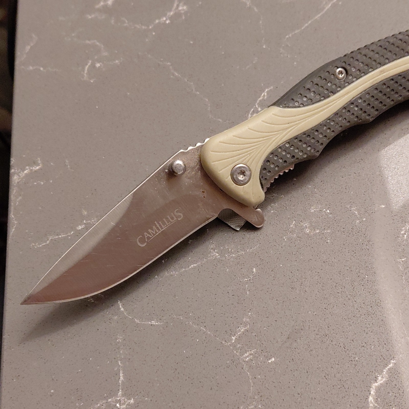 Camillus Folding Pocketknife 2.76-4in Drop Point Plain Edge Liner Black Tan