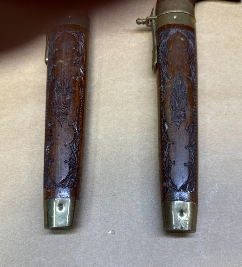 VERY RARE Knife Pair Carved Handles Matched Carved Wood Sheaths Brass Trim-INDIA
