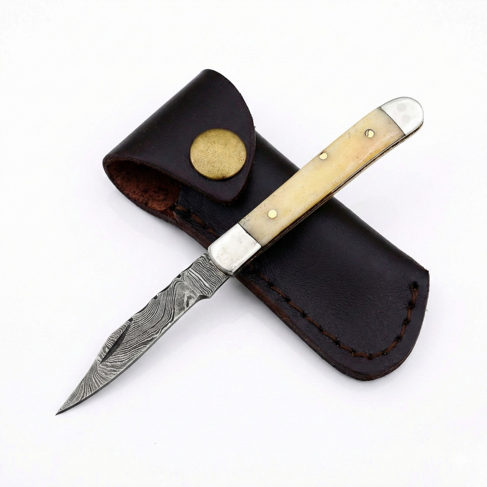 Hand Forged Damascus Steel Mini Trapper Knife Bone Handle EDC Tactical Survival