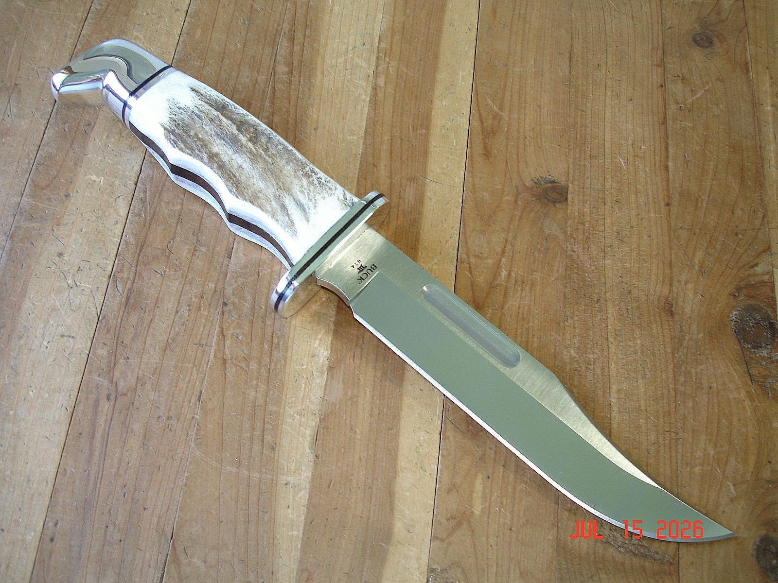 NIB BUCK KNIFE 119 CKS SPECIAL BOS MAGNACUT BLADE ELK ANTLER HANDLE BROWN SHEATH