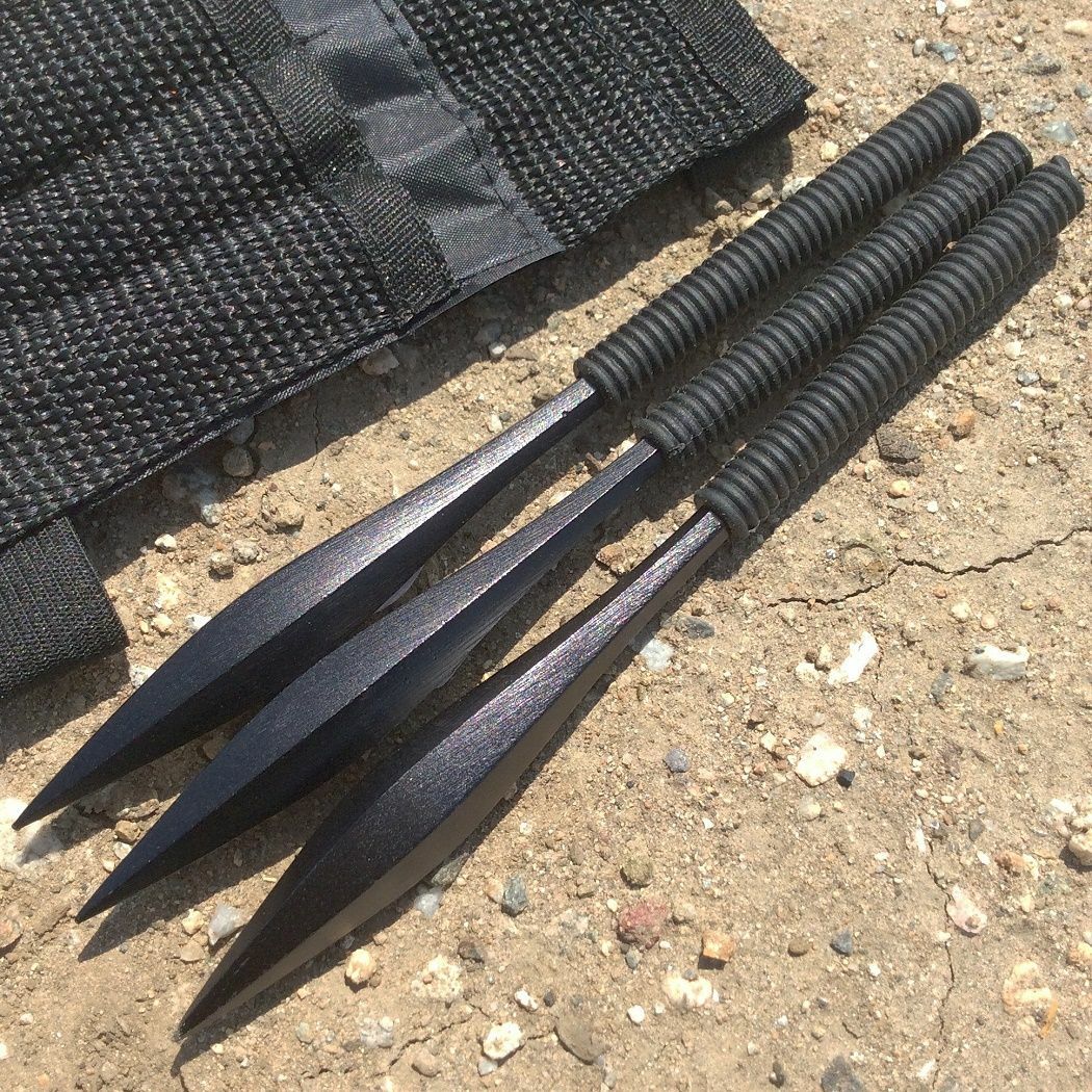 DEFENDER 6″ 3pc Heavy-Duty Steel SPIKE Throwing Knife Set & Wrist Strap Sheath