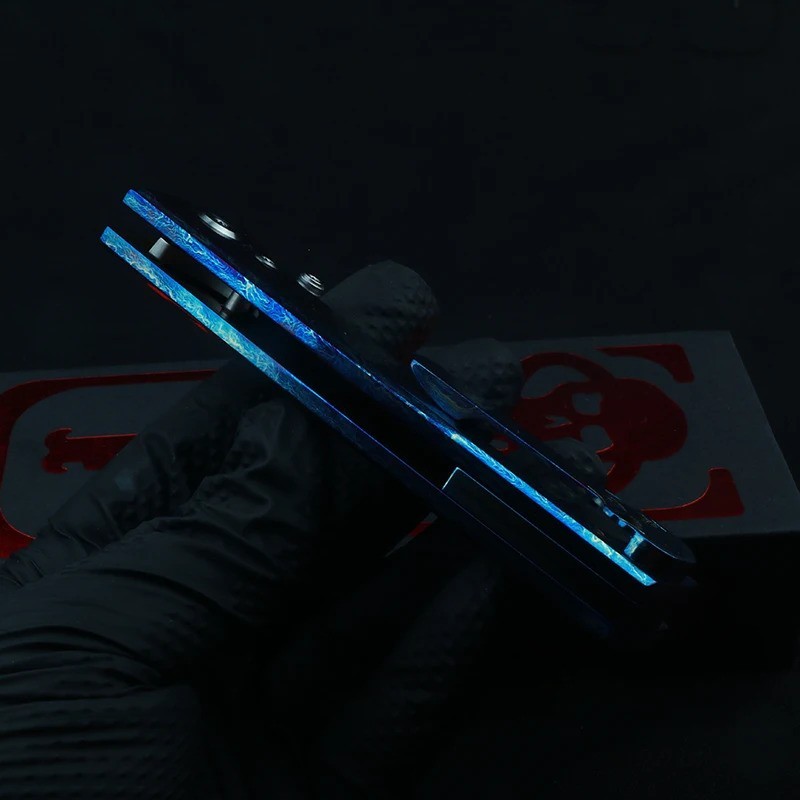 New TC4 Titanium Custom Anodized Blue Flame Pattern Handle Folding Pocket Knife