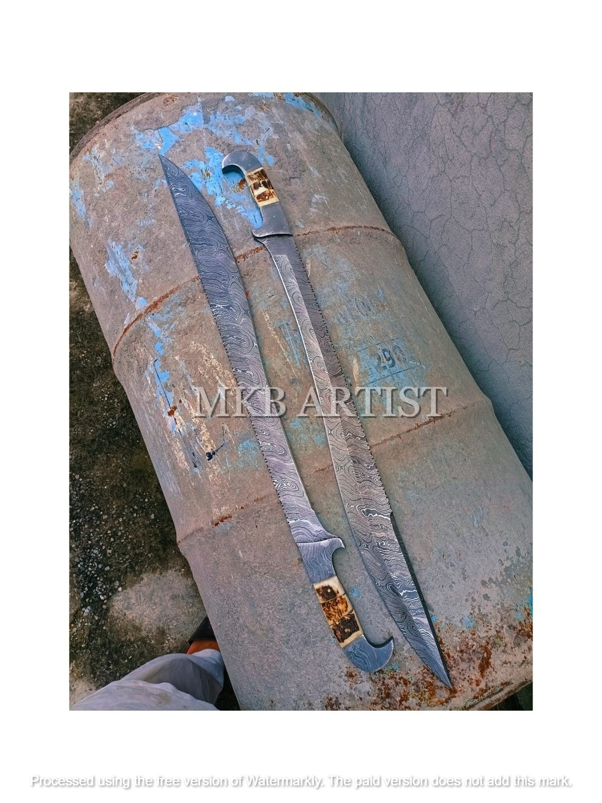 CUSTOM HANDMADE DAMASCUS STEEL SWORD HUNTING PAIR MACHETE BLADES STAG HANDLE