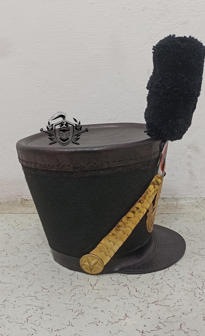 Napoleonic French, Shako Helmet Leather Grenadier Tschako Style with Brass Plate