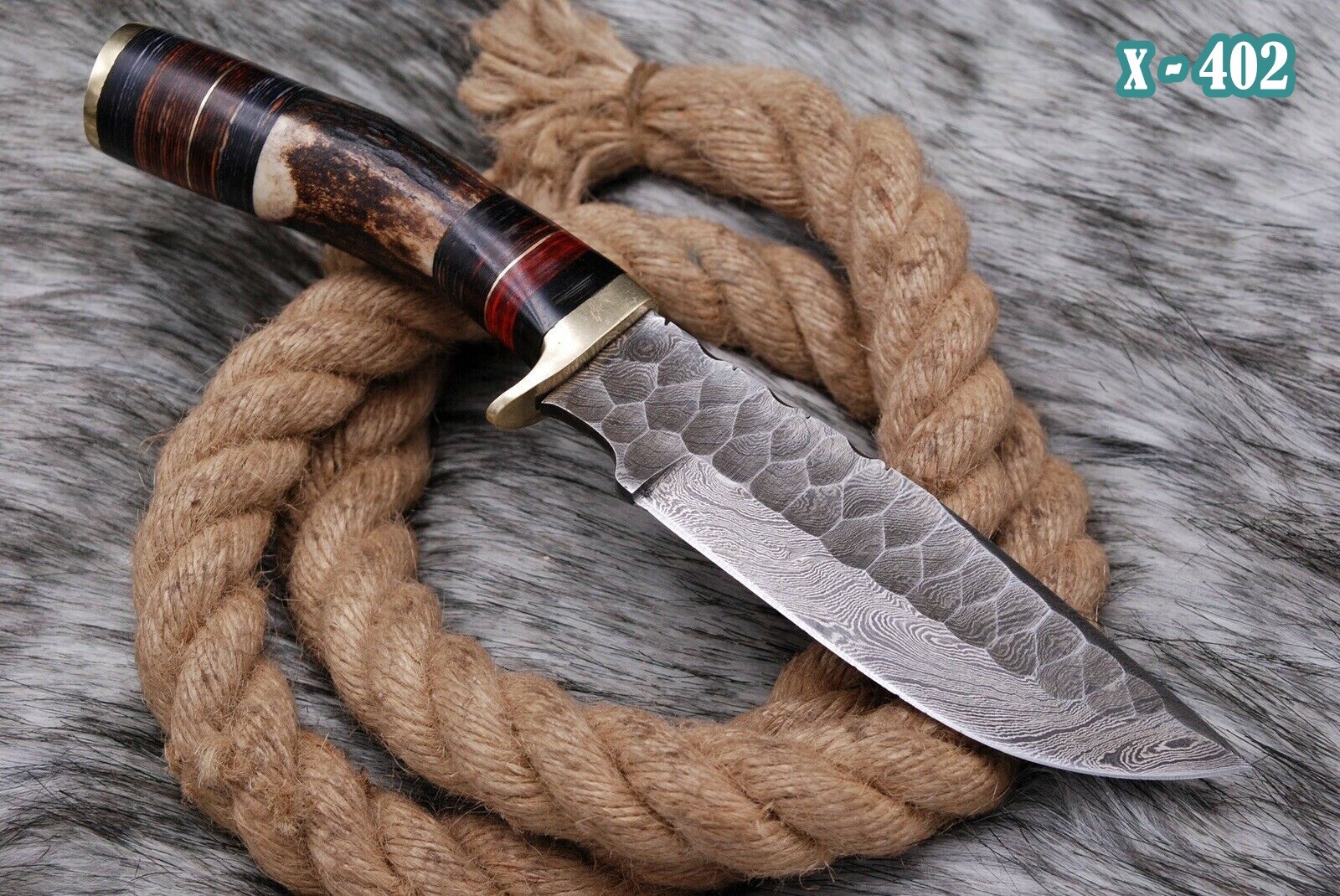 CUSTOM HANDMADE DAMASCUS STEEL HUNTING SKINNING KNIFE DEER STAG HANDLE SURVIVAL