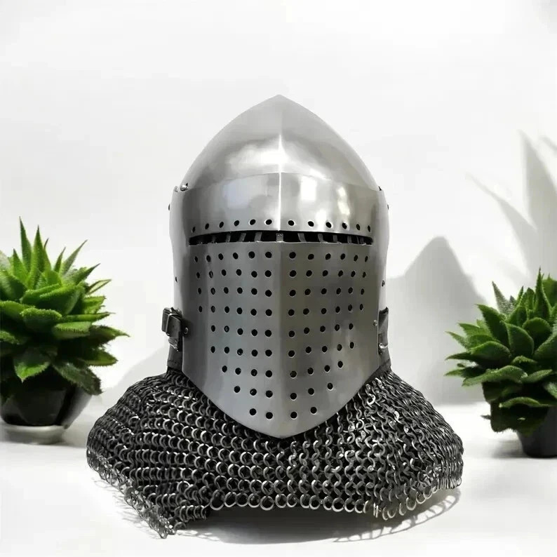 Medieval Knight Great Helm Helmet with Chainmail Aventail Crusader Armor Replica