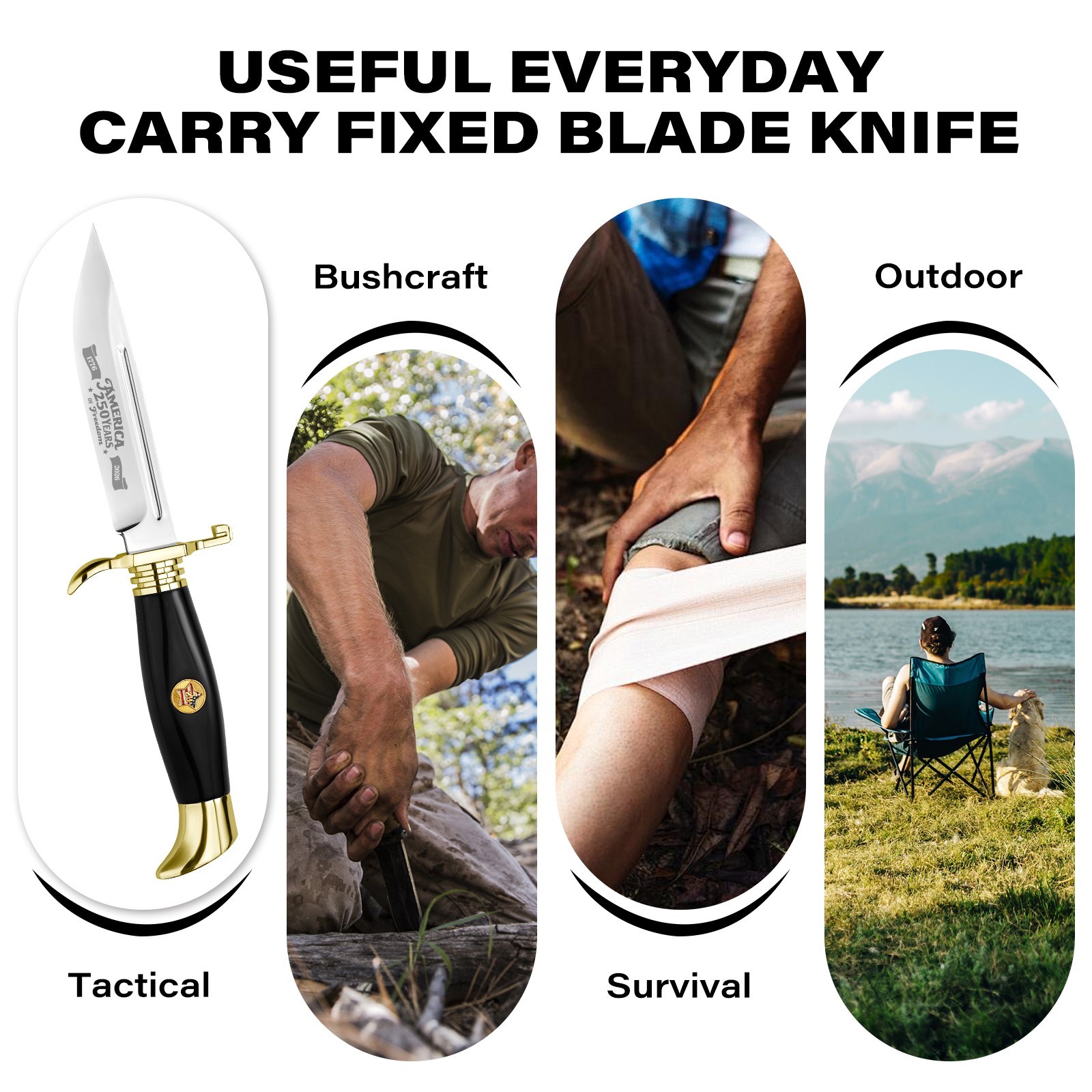USA 250th Anniversary Fixed Blade Knife with sheath Independence Day Limited