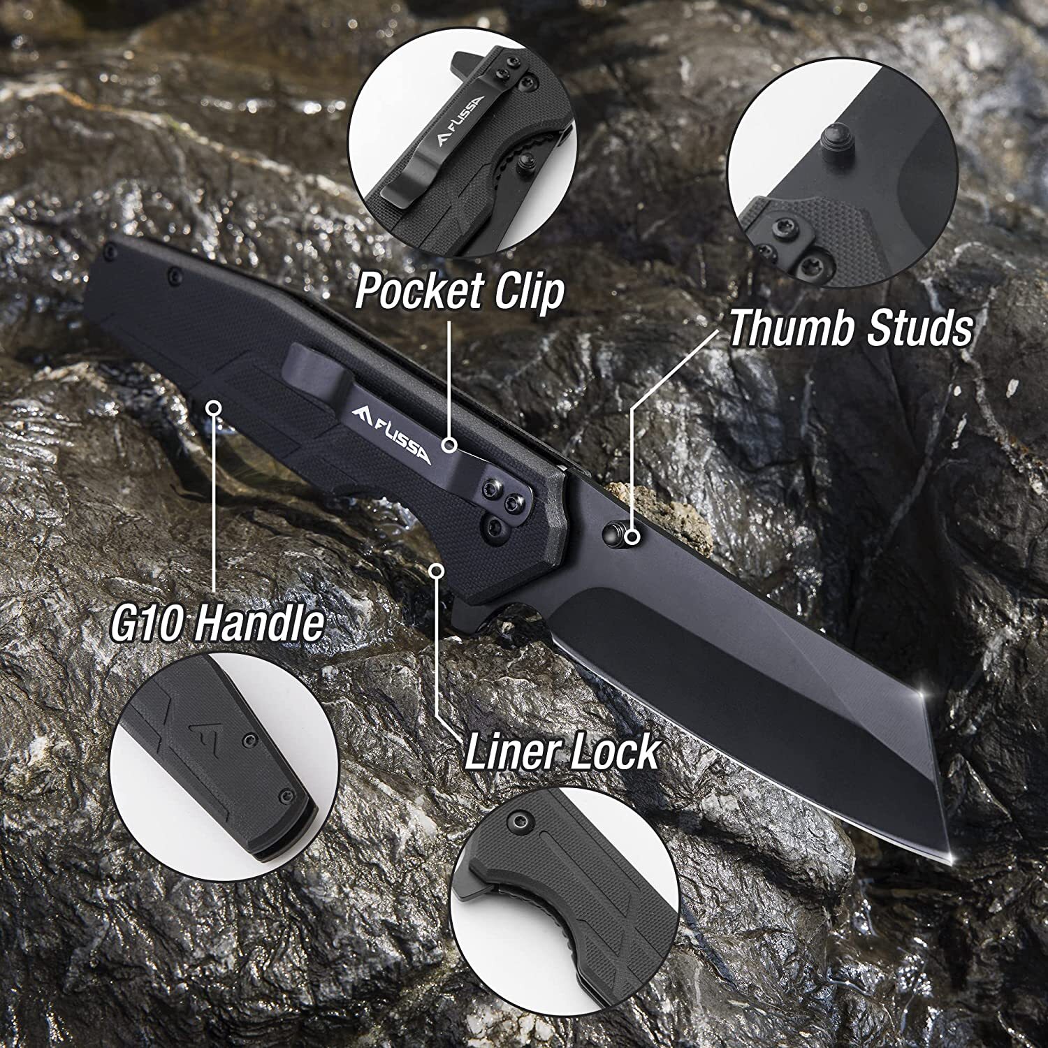 FLISSA 3.5″ Folding Stonewash Blade Tactical Knife G10 Handle Pocket Knife USA