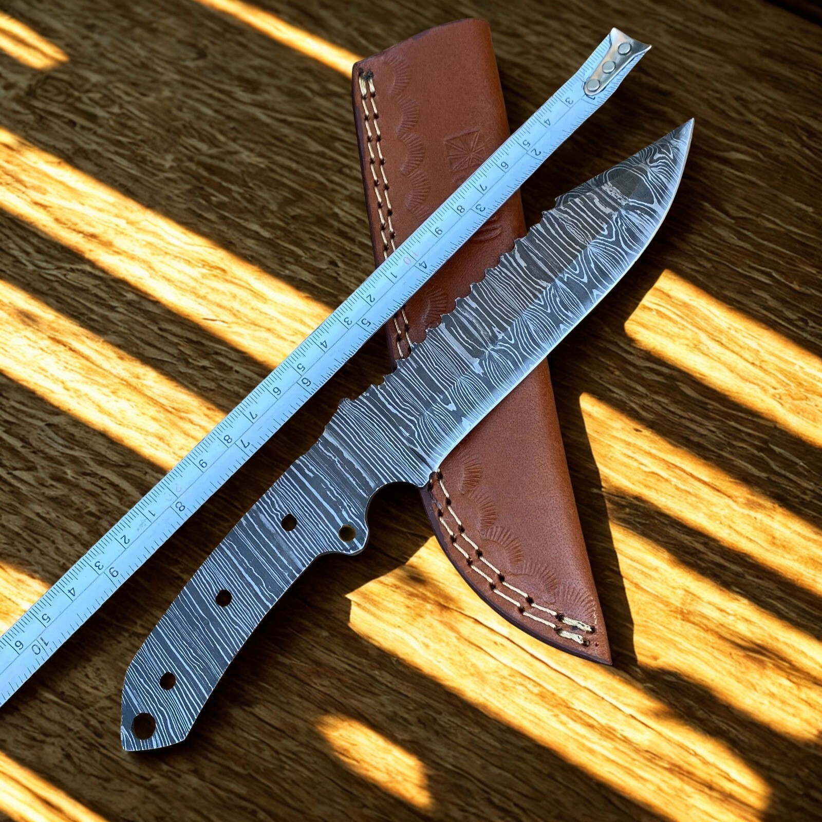 10″ Damascus Fixed Blade Blank Full Tang Bushcraft Tool with Leather Sheath