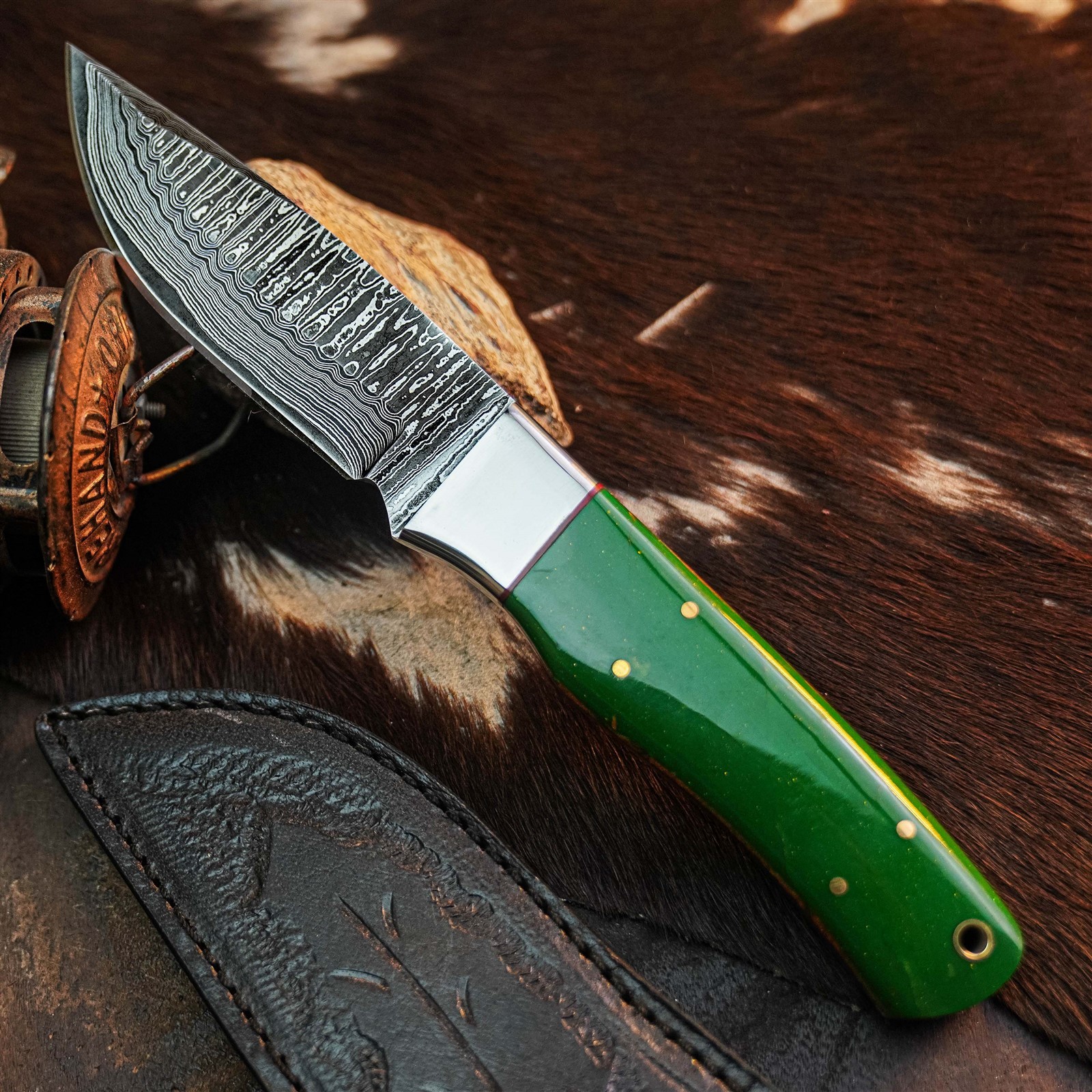 9.0″ Camping Bushcraft Damascus Knife Handmade Full Tang Resin Handle +Sheath