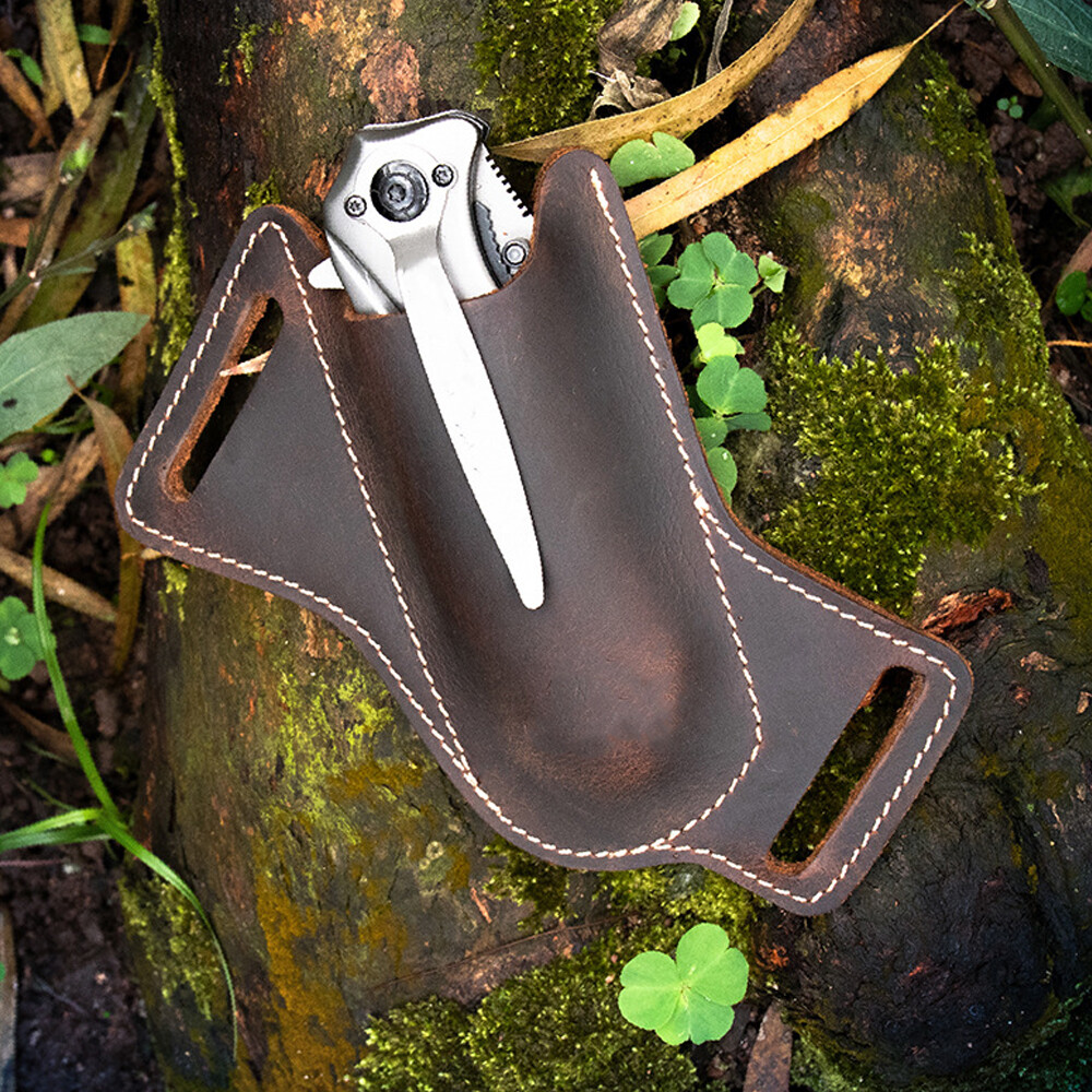 HANDMADE BELT SHEATH HOLSTER Leather Cover for folding pocket Knife Brown 1PC