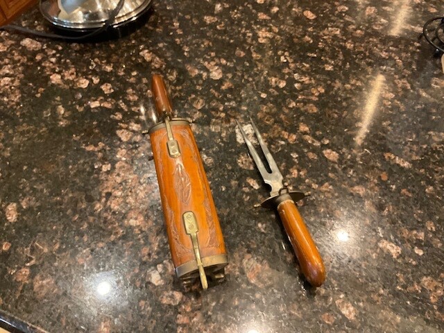 Vtg Decorative Knife & Fork Set In Wooden Hand Carved & Brass Casing India