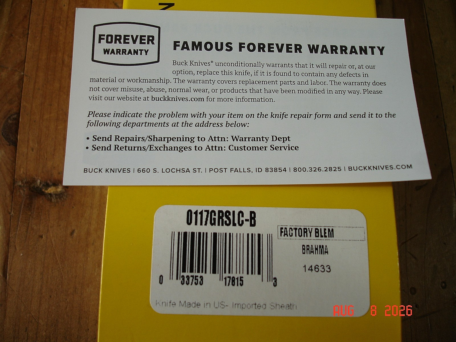 NIB FB BUCK KNIFE 117 BRAHMA BOS MAGNACUT BLADE 102 SIZE MICARTA HANDLE SHEATH