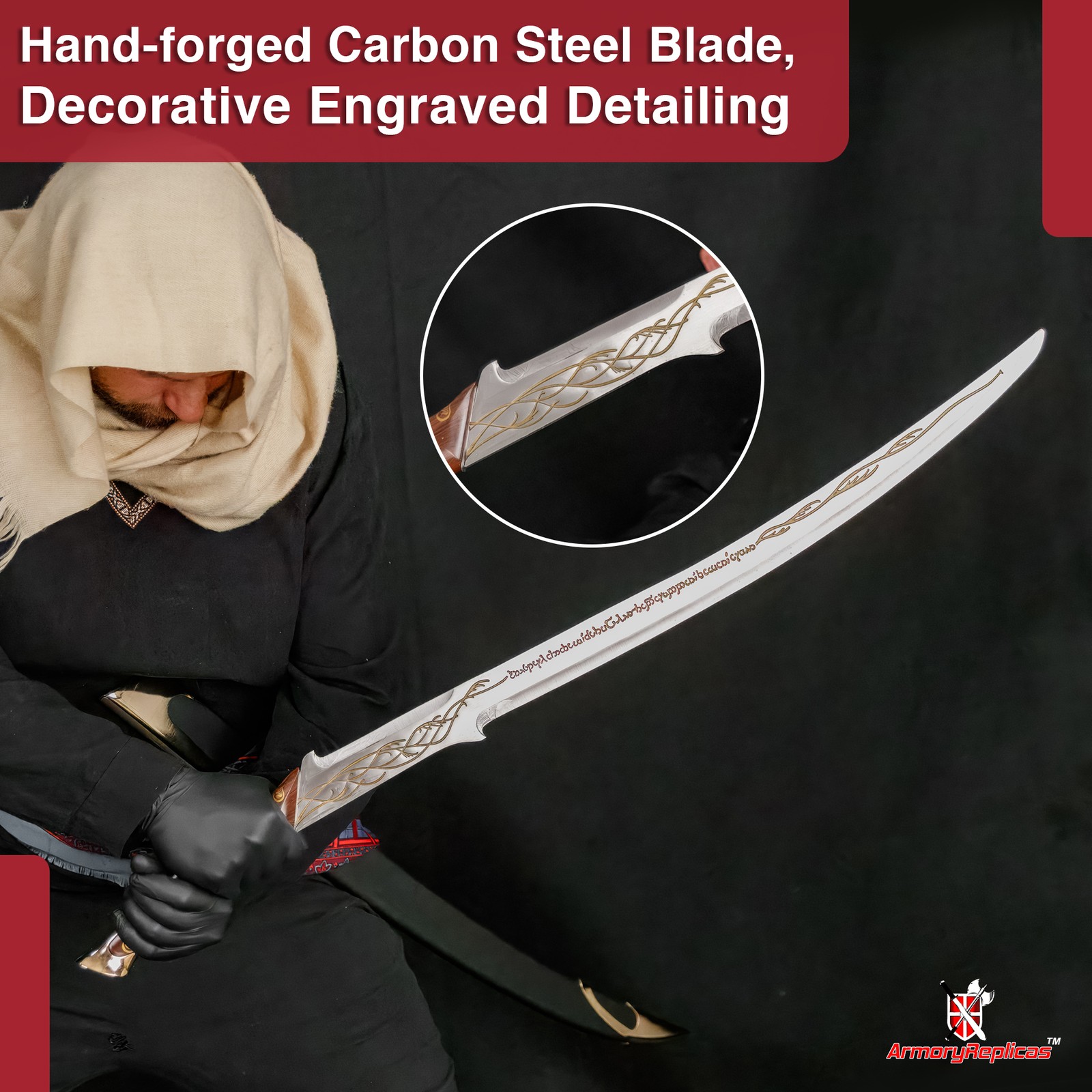 Hand-Forged Fantasy Long Sword: Engraved Carbon Steel Blade Decorative Scabbard