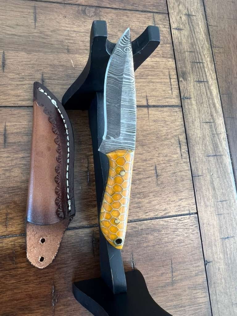 5.5″ CUSTOM EDC HANDMADE DAMASCUS NECK KNIFE W/ HONEYCOMB HANDLE & SHEATH 52.02