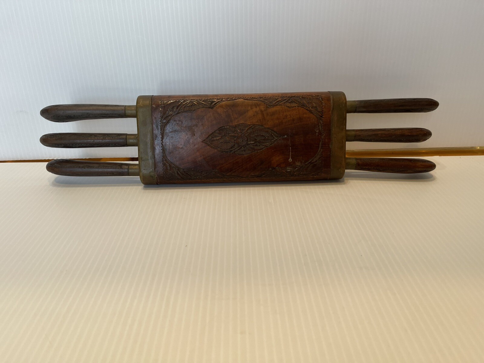 Antique Indian Hand Carved Wooden Case & Six Stainless Steel Wood Handle Knives.
