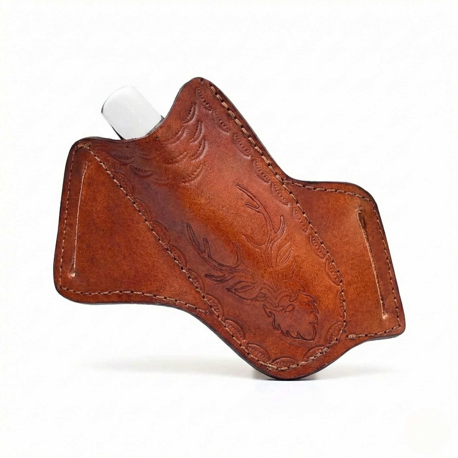 SK CUSTOMS Signature Leather Pancake Knife Sheath Hand-Tooled Stag Design Brown