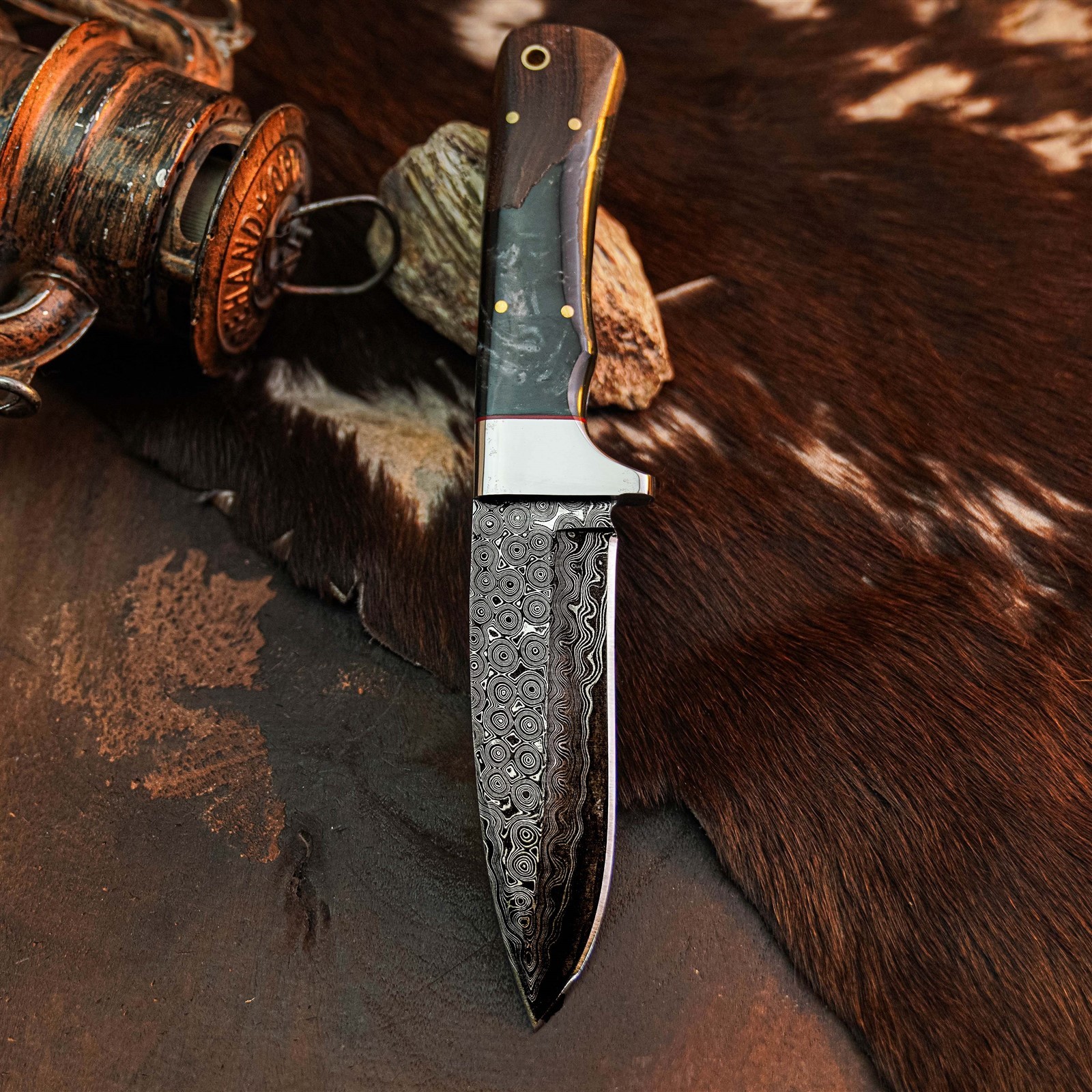 8.8″ Bushcraft Camping Damascus Knife Handmade Full Tang Wood Handle +Sheath